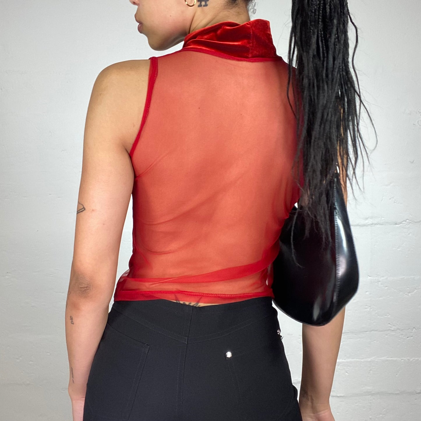 Vintage 2000's Glamorous Blood Red Velour Turtleneck Sleeveless Top with Drop Cut and Mesh Back (S)