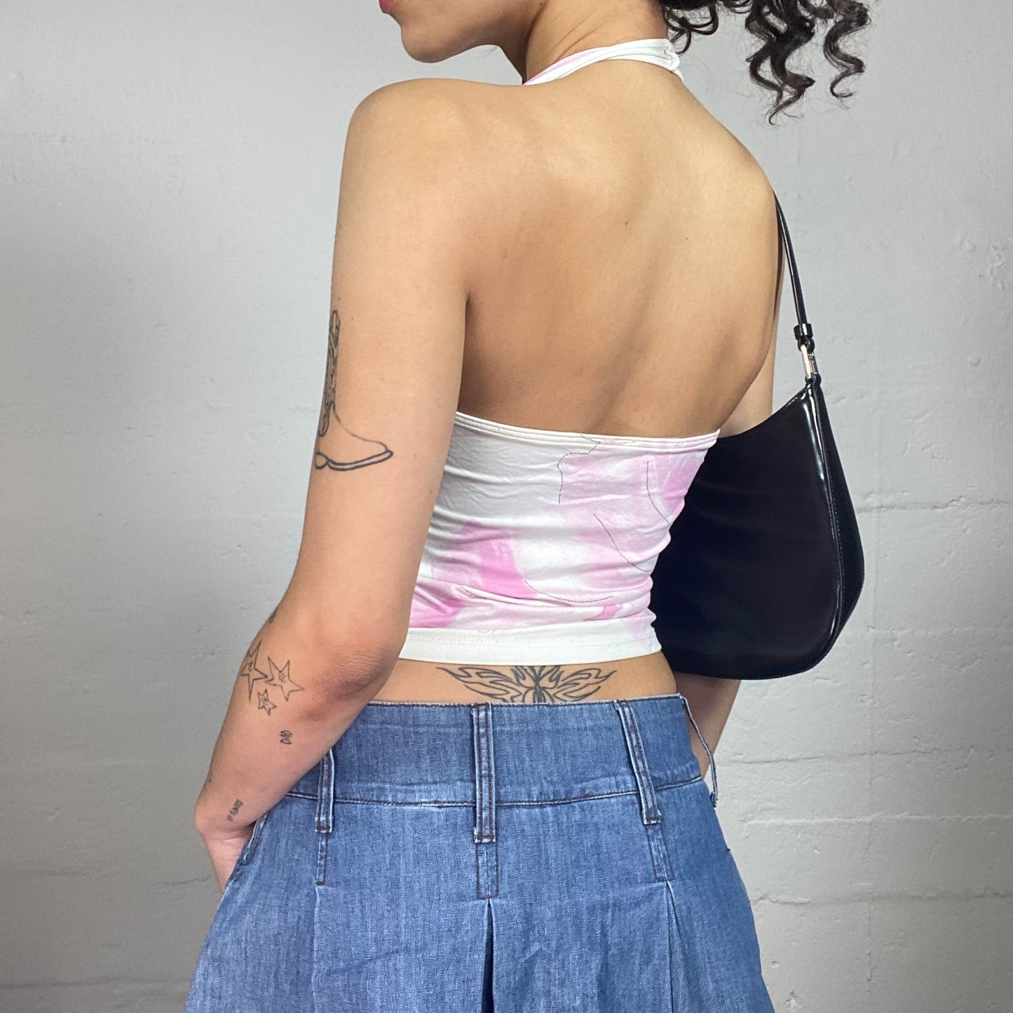 Vintage 2000's Cute Summer White Neckholder Top with Pink Floral Print (S)