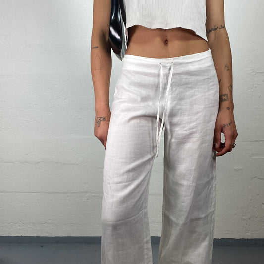 Vintage 2000’s Soft Girl Summer White Linen Wide Leg Low Rise Pants with Waist Rubber (S)