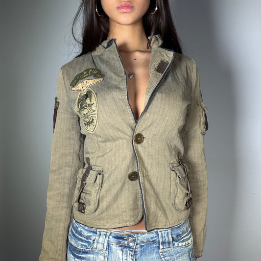 Vintage 90's Punk Khaki Jacket with Patch Details (S)