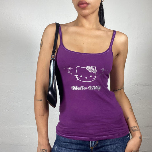 Vintage 2000's Cute Downtown Girl Purple Cami Top with Silver Hello Kitty Print (M)