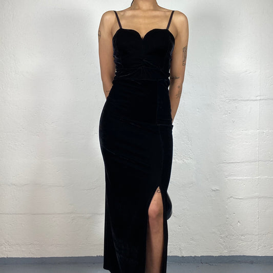 Vintage 2000's Chic Dinner Out Black Velour Cami Maxi Dress (S)