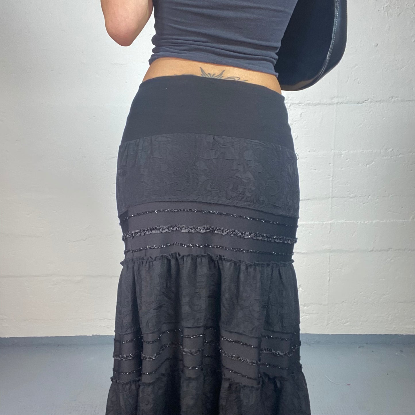 Vintage 2000's Boho Chic Black Low Waisted Maxi Ruffled Layered Skirt with Matching Tone Print and Mini Sequins (M)