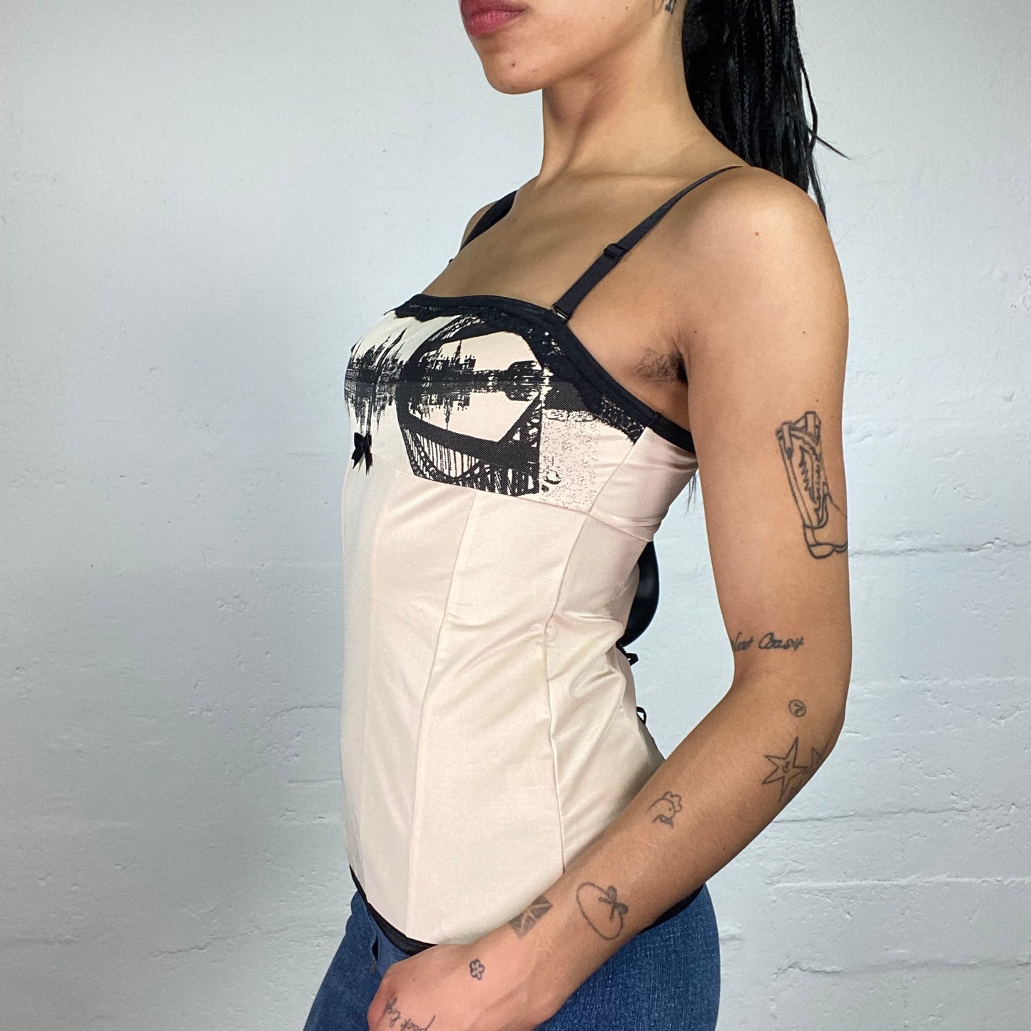 Vintage 2000's Romantic Beige and Black Corset Top with London Print and Back Lacing Up (S)