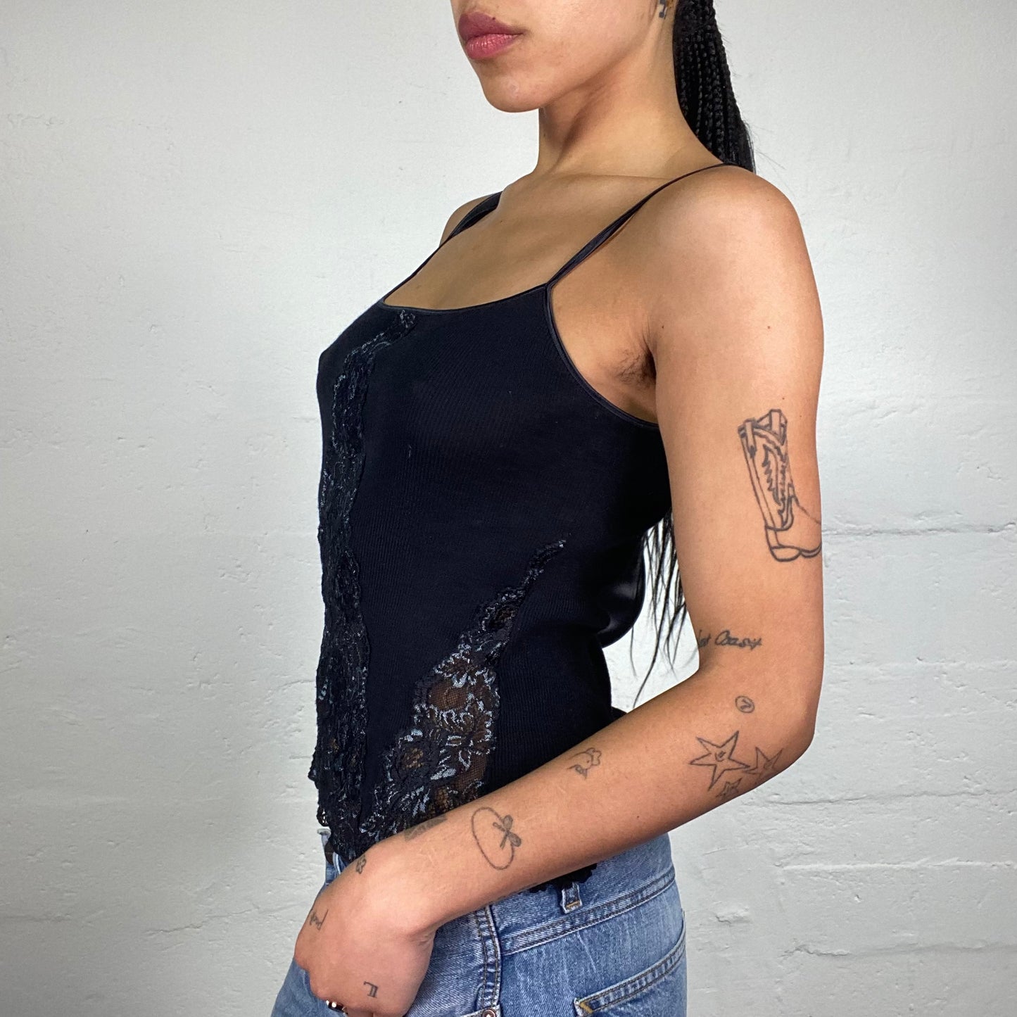 Vintage 2000's Downtown Girl Navy Blue Jersey Cami Top with Lace Detail (S)