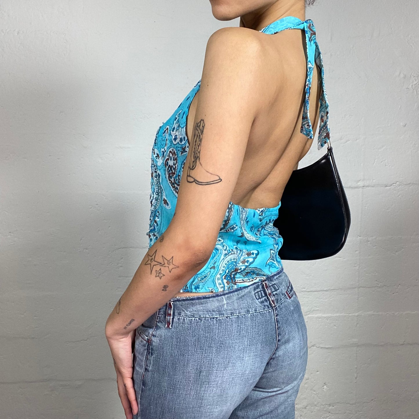 Vintage 2000's Boho Girl Light Summer Aquamarine Blue Neckholder Printed Top (M)