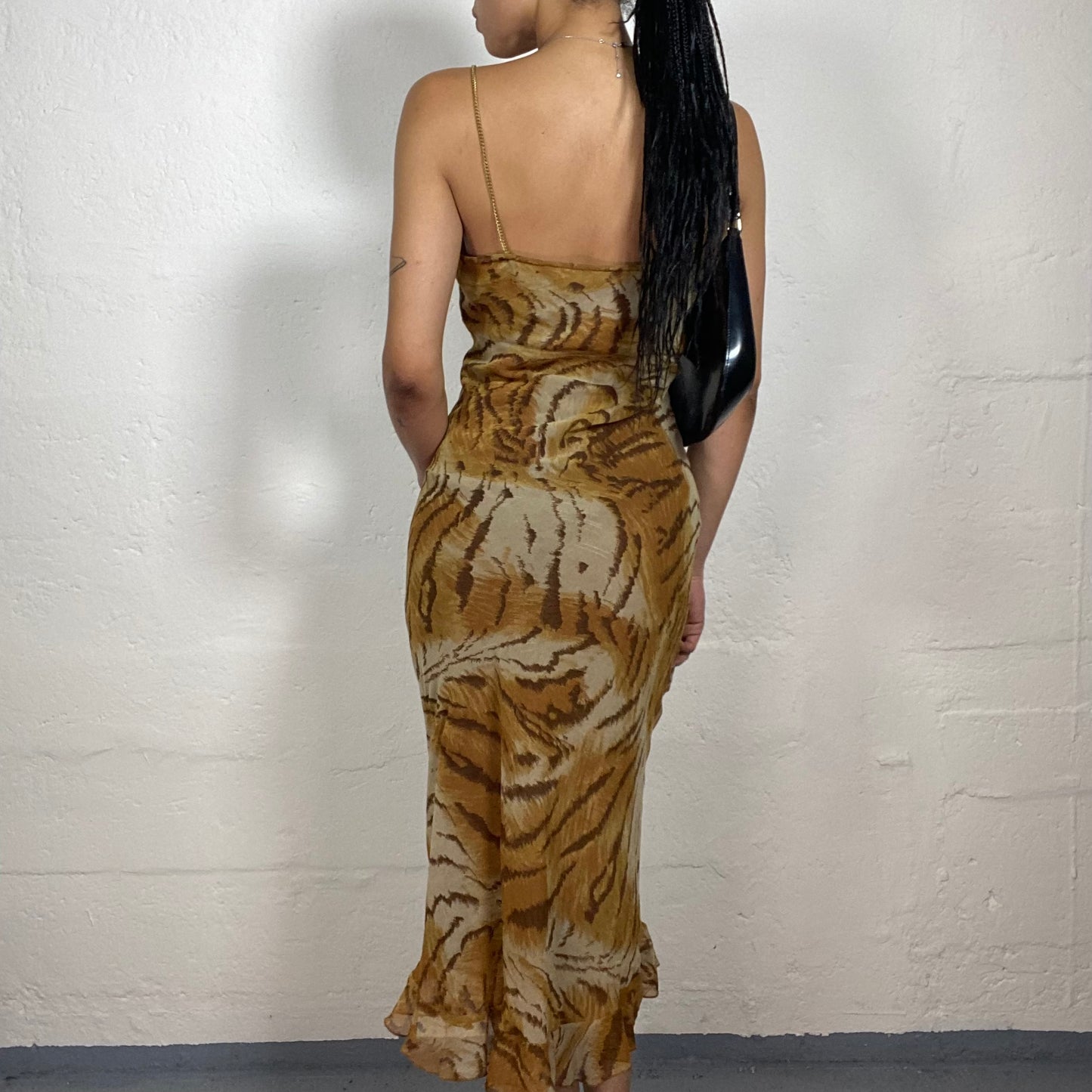 Vintage 2000's Summer Chic Warm Brown and Yellow Toned Maxi Cami Dress with Tiger Print (S)