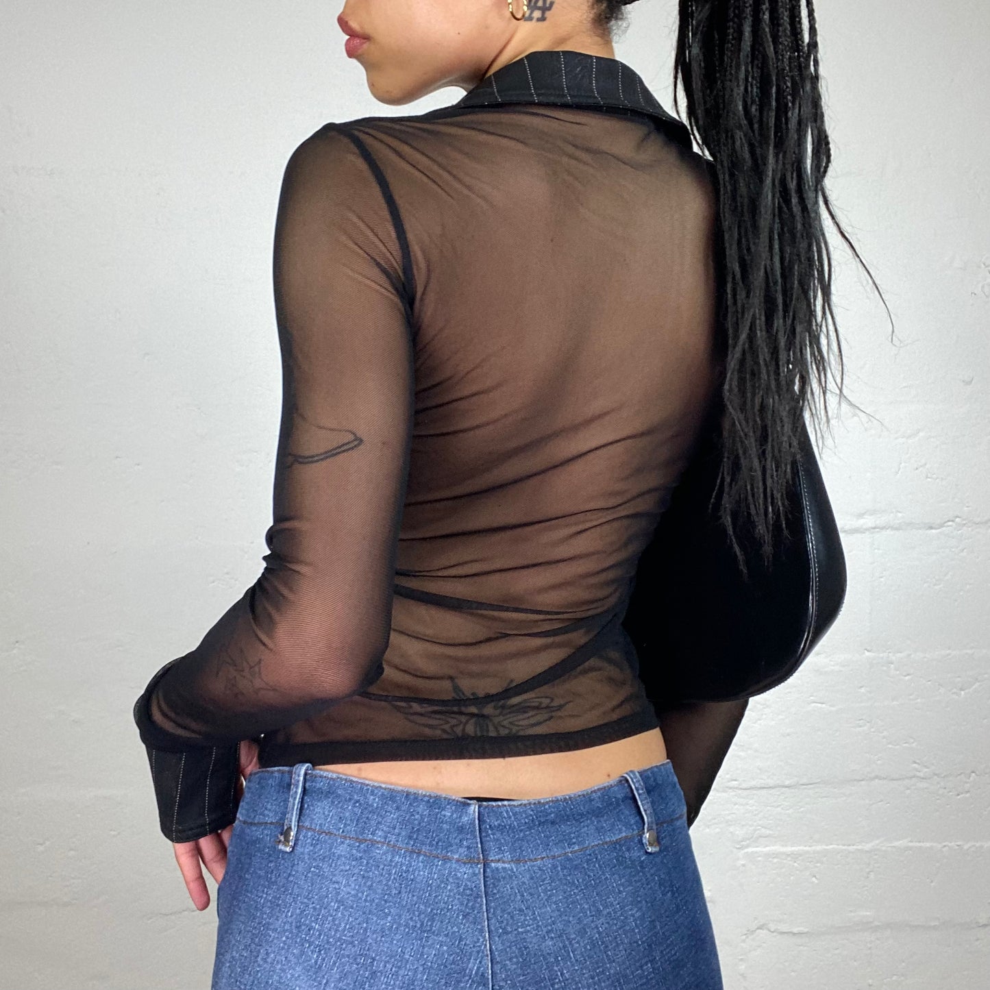 Vintage 2000's Office Girl Black Longsleeve Mesh See Through Top with Floral Printed Collar (M)
