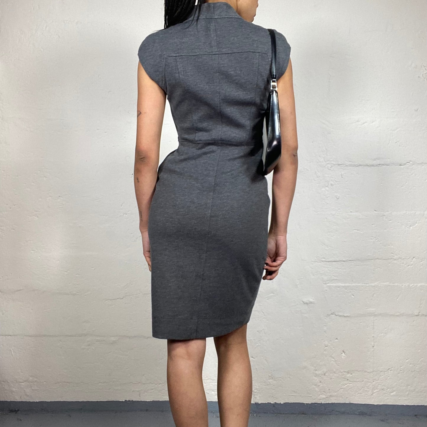 Vintage 2000's Office Girl Grey Pencil Fit High Neck Wrap Up Collar Micro Sleeves Dress (M)