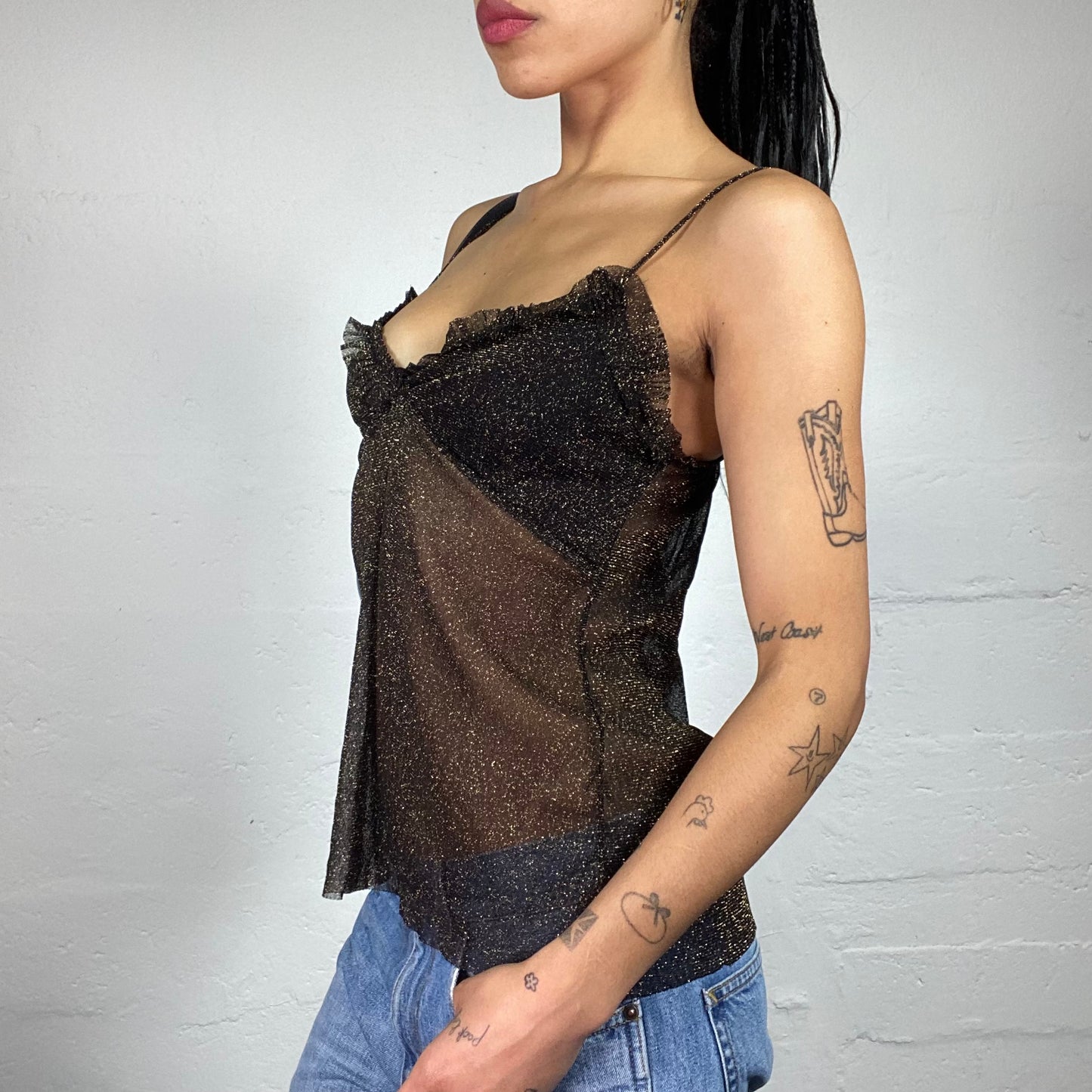 Vintage 2000's Glamorous Brown Mesh See Through Glitter Shimmer Cami Top with Ruffled Bra Decor (S)