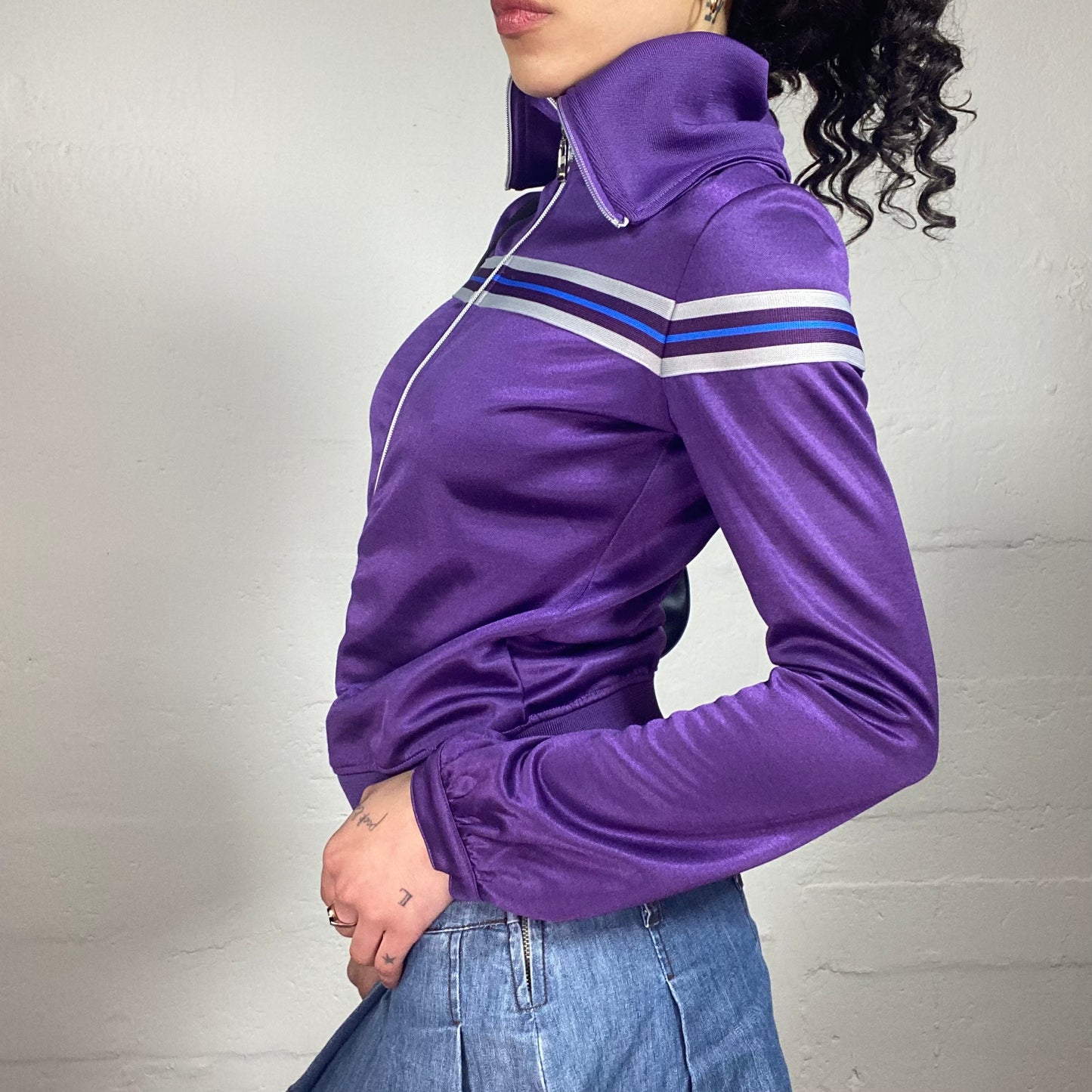 Vintage 2000's Downtown Girl Purple Funky Zip Up Pullover with Stripe Details (S)