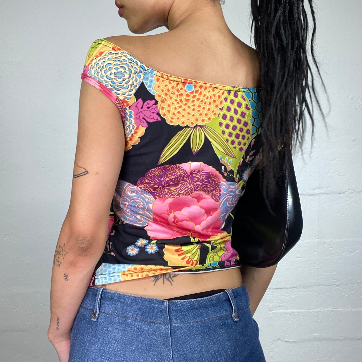 Vintage 2000's Fun Summer Off Shoulder Boho Style Colourful Flowers Print Top (S)