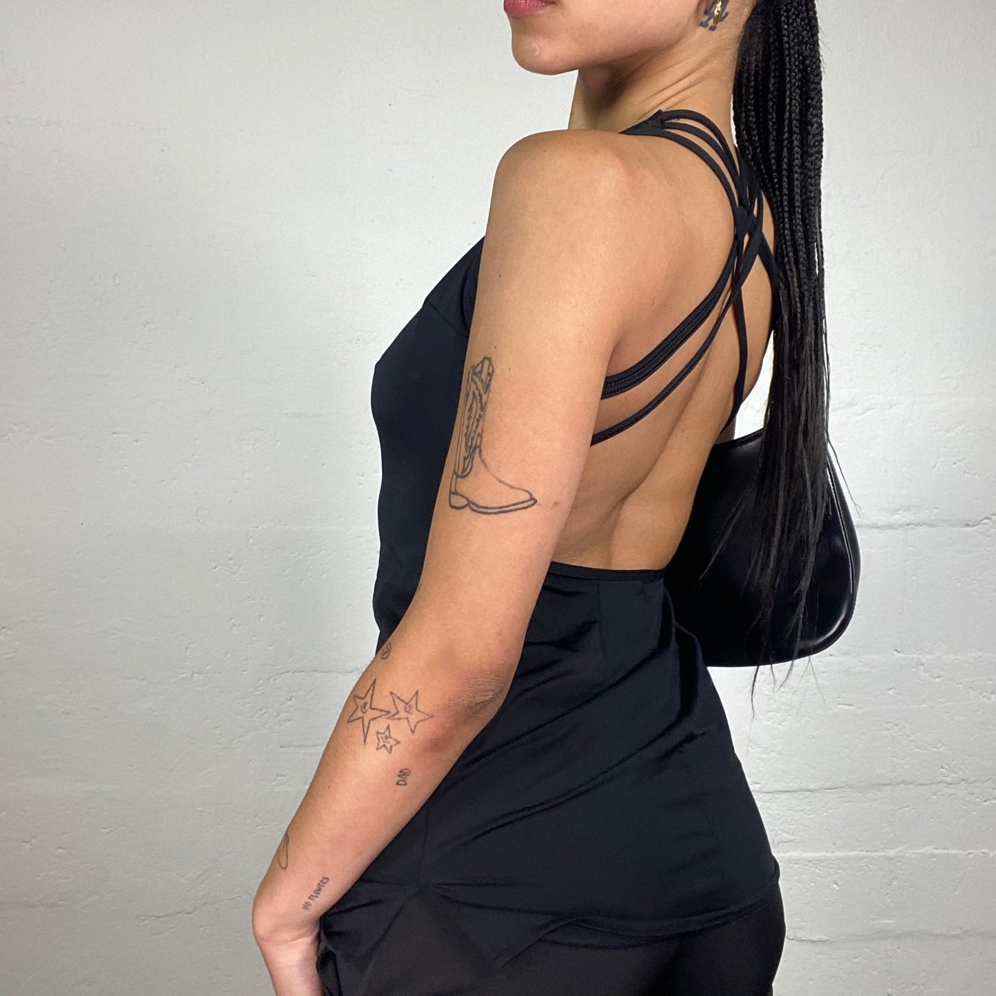 Vintage 2000's Glamorous Night Out Black Metal Detail Top with Open Back Binding (S)
