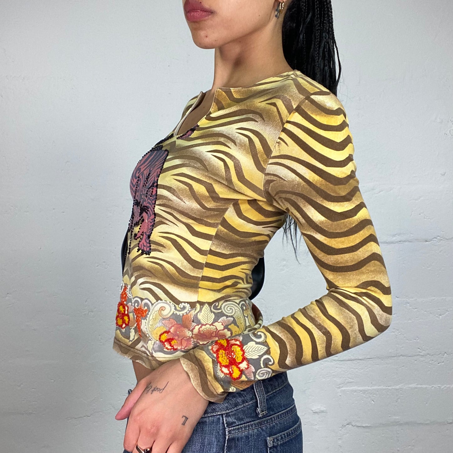 Vintage 2000's Cheetah Girl Multicoloured Longsleeve Cartoon Style Animal Printed Top (S)