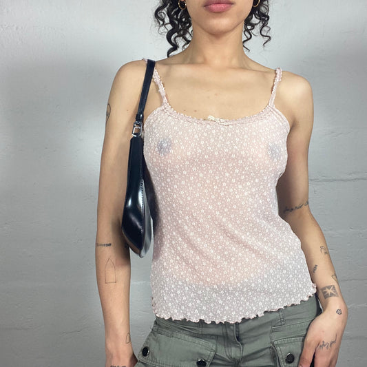 Vintage 2000's Soft Girl Powder Pink Mesh Cami Top with Lace Style Print (M)