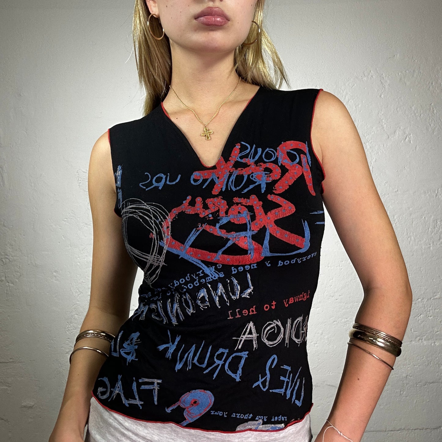 Vintage 2000's Grungy Black Tank Top with Red Overlock and Messy Effect Typo Print (M)