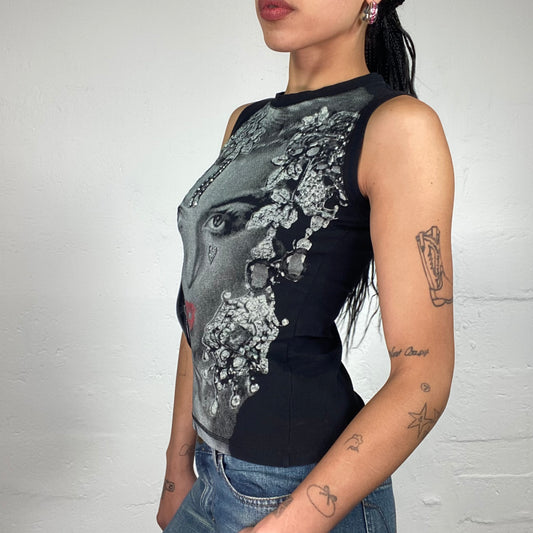 Vintage 2000's Funky Black Tank Top with B&W Girl Face Print (L)