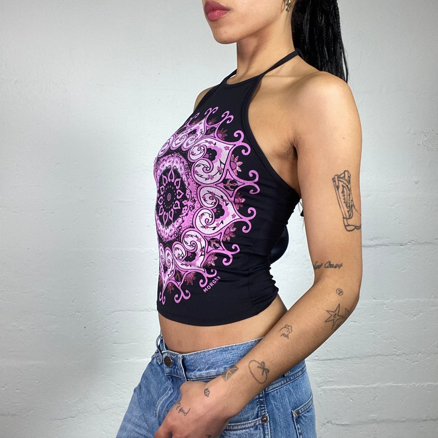 Vintage 2000's Morgan Boho Girl Summer Purple Abstract Printed Neckholder Top (S)