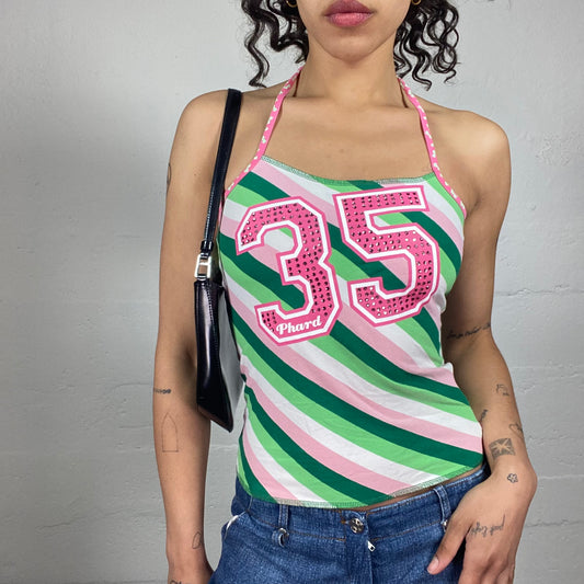 Vintage 2000's Fancy Beachwear Green and Pink Striped Neckholder Top with Shiny Pink 35 Print (M)