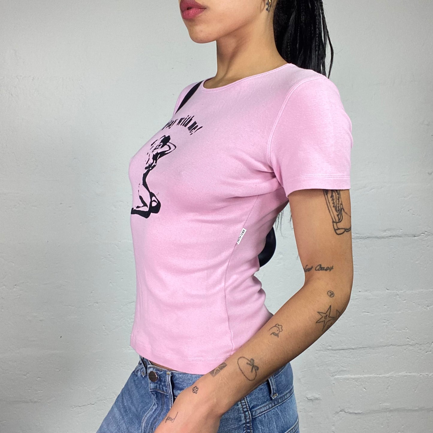 Vintage 2000's Downtown Girl Baby Pink Play With Me Tee with Body Black Print (L)