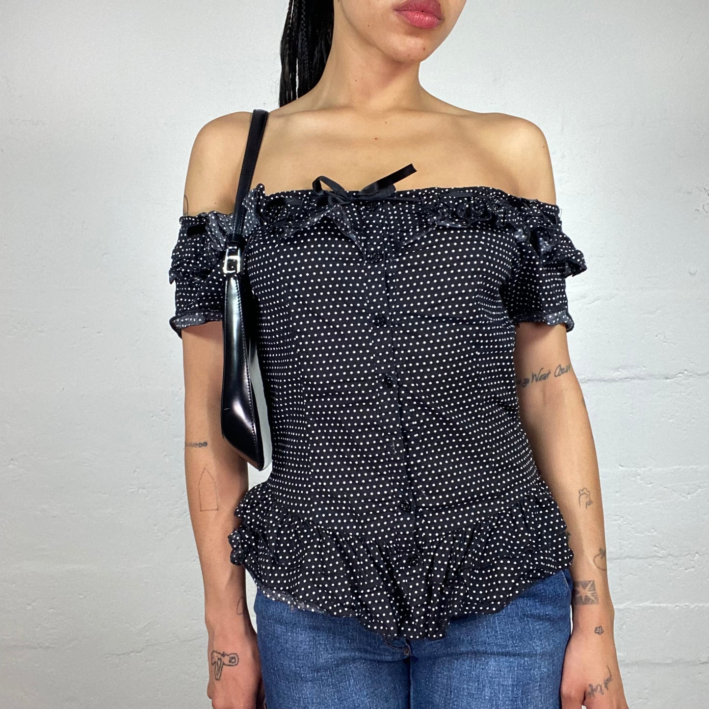 Vintage 2000's Morgan Coquette Black Off Shoulder Button Up Polka Dot Printed Top with Ribbon Detail (M)