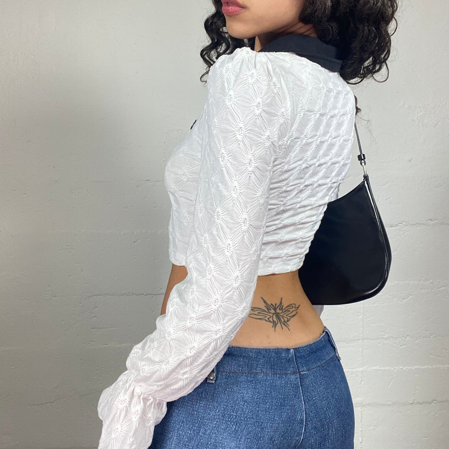Vintage 2000's Coquette Polo Lace Fabric White Zip Up Cropped Top with Contrast Collar (S)
