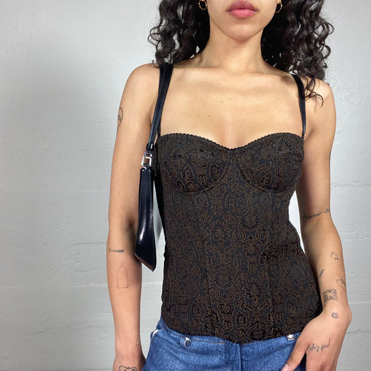 Vintage 2000's Classy Brown Baroque Satin Printed Corset Top (M)