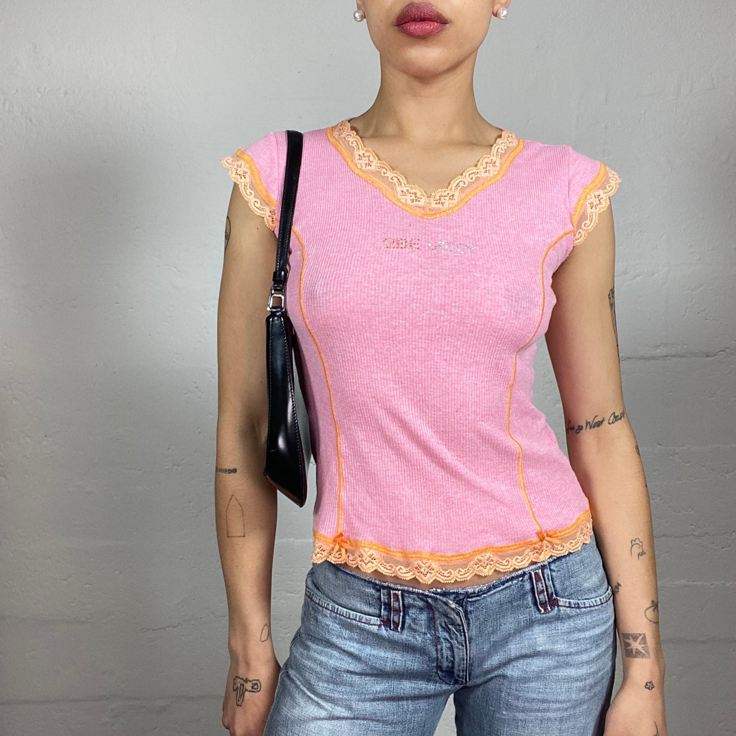 Vintage 2000's Soft Girl Pink Jersey Tee with Micro Sleeves and Orange Lace Decorations (L)