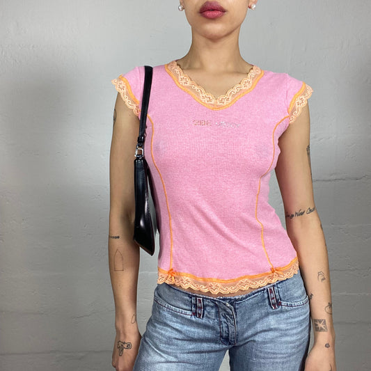 Vintage 2000's Soft Girl Pink Jersey Tee with Micro Sleeves and Orange Lace Decorations (L)