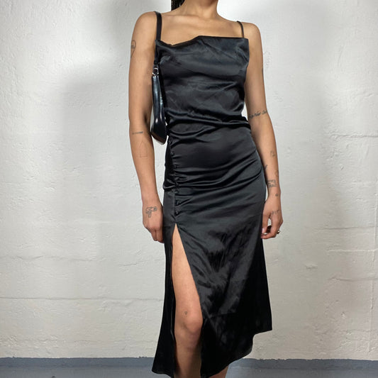 Vintage 2000's Dinner Out Chic Black Silky Draped Midi Dress with Side Cut (S)