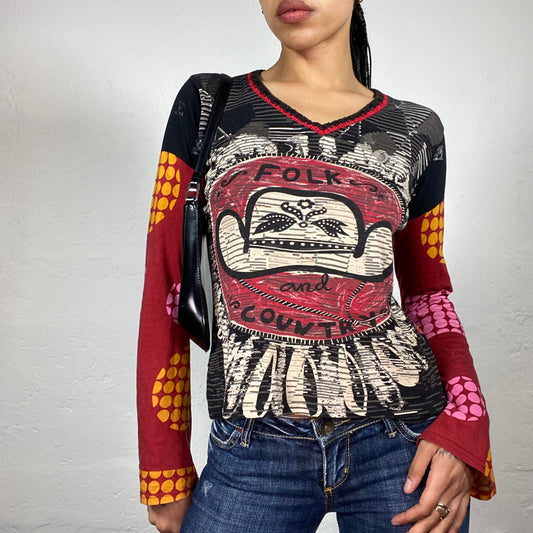 Vintage 2000's Grungy Multicoloured Black and Grey Printed Longsleeve Top (M/L)