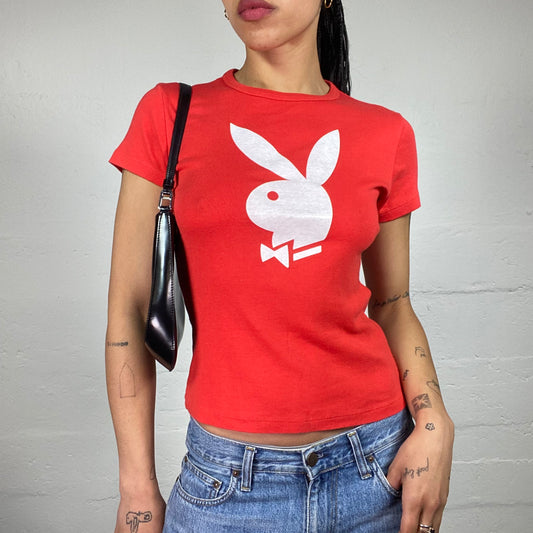 Vintage 2000's Playboy Red Orange Baby Tee with White Logo Print (S)