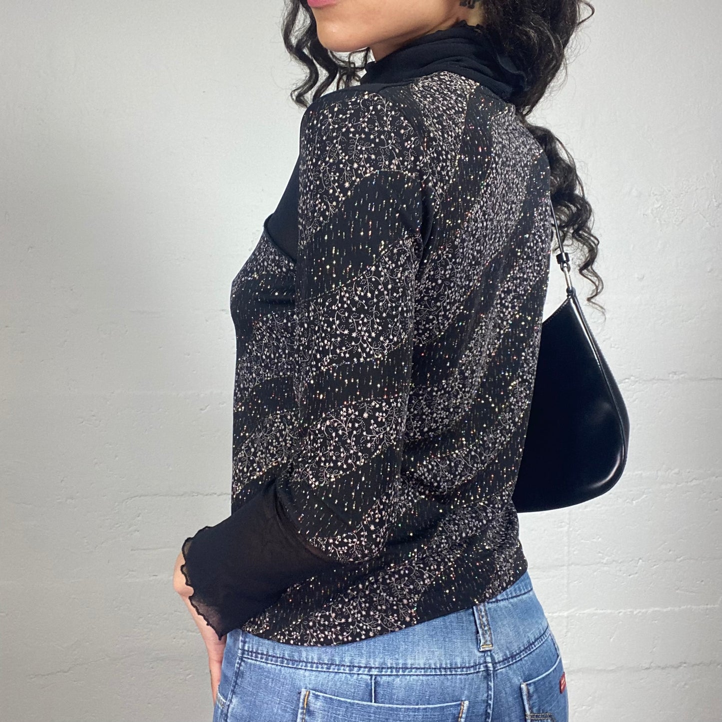 Vintage 2000's Rainy Saturday Black Shirt Jersey and Mesh Turtleneck Top with Sequins Embroidery (S)