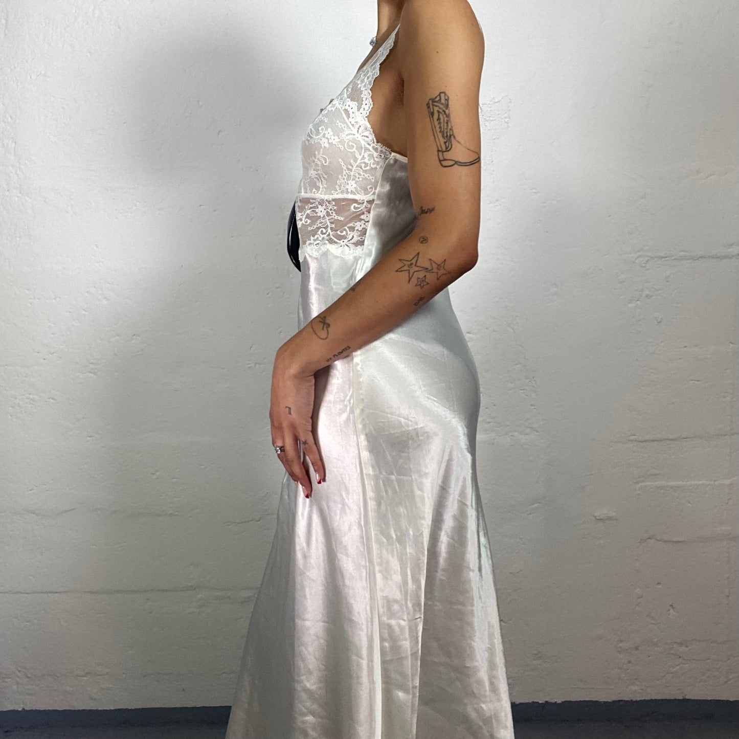 Vintage 2000's Romantic Moonlight White Silky Maxi Camisole Dress with Floral Lace Bra (S)