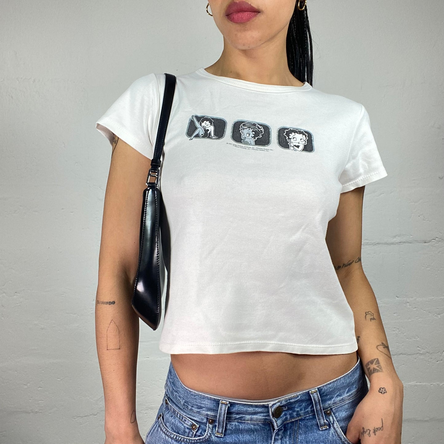 Vintage 2000's Skater Girl White Baby Tee with Black & White Betty Boop Print (S)