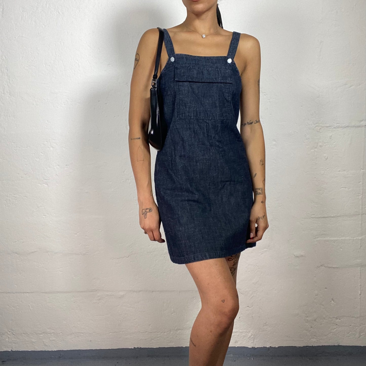 Vintage 2000's Downtown Girl Deep Blue Uniform Mini Denim Dress with Middle Pocket (M)