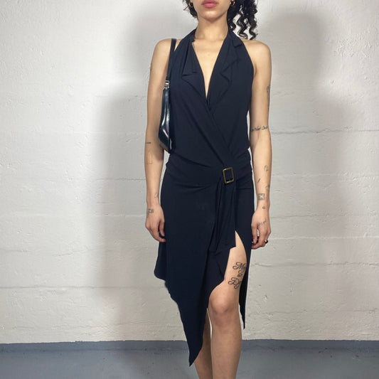 Vintage 2000's Upper East Side Chic Black Neckholder Asymmetric Dress with Low Waisted Belt (S)