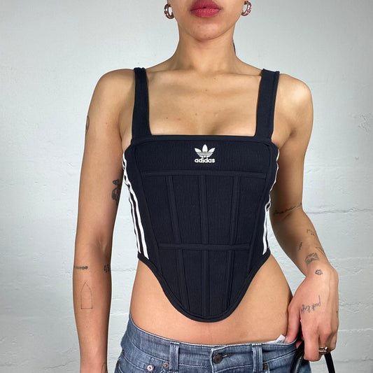 Vintage 2000's Archive Adidas Downtown Girl Black Corset Top with White Logo and Side Stripes Print (S)