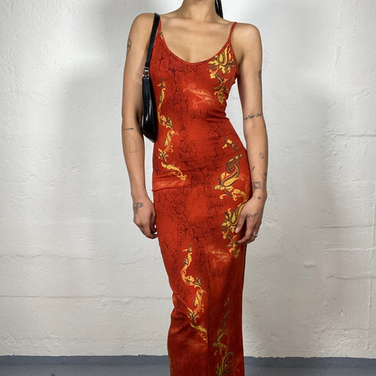Vintage 2000's Boho Chic Orange Slim Fit Yellow Printed Cami Maxi Dress (S)