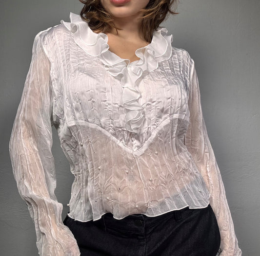 Vintage 90’s Romantic White Ruched Long-Sleeve Top with Ruffle Detail (M)