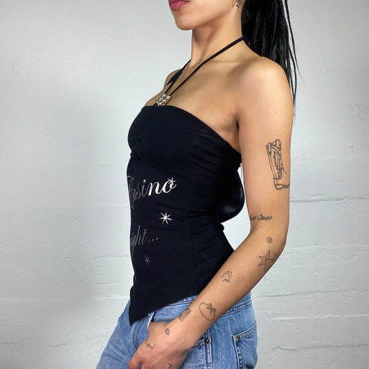 Vintage 2000's Clubwear Black Neckholder Top with Silver In Casino Tonight Print (S)