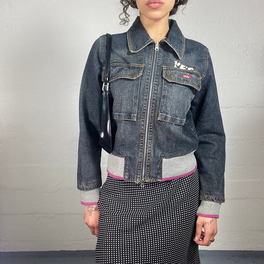 Vintage 2000's Casual Blue Denim Zip Up Jacket with Pink Accents (L)