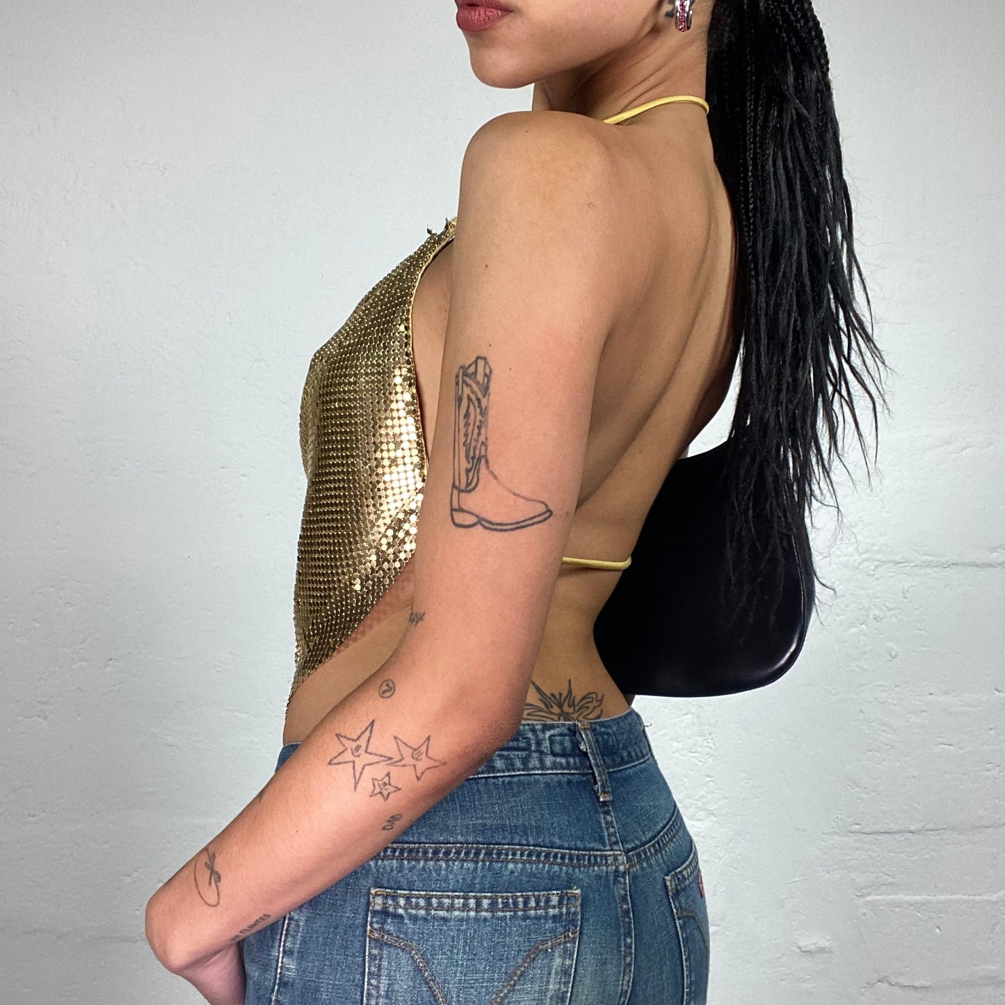 Vintage 2000's Glamorous Golden Clubwear Draped Neckholder Top with Open Back (S)