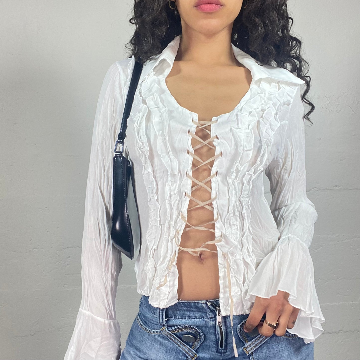 Vintage 2000's Romantic Boho White Textured Lace Up Collared Shirt with Flared Sleeves (S)