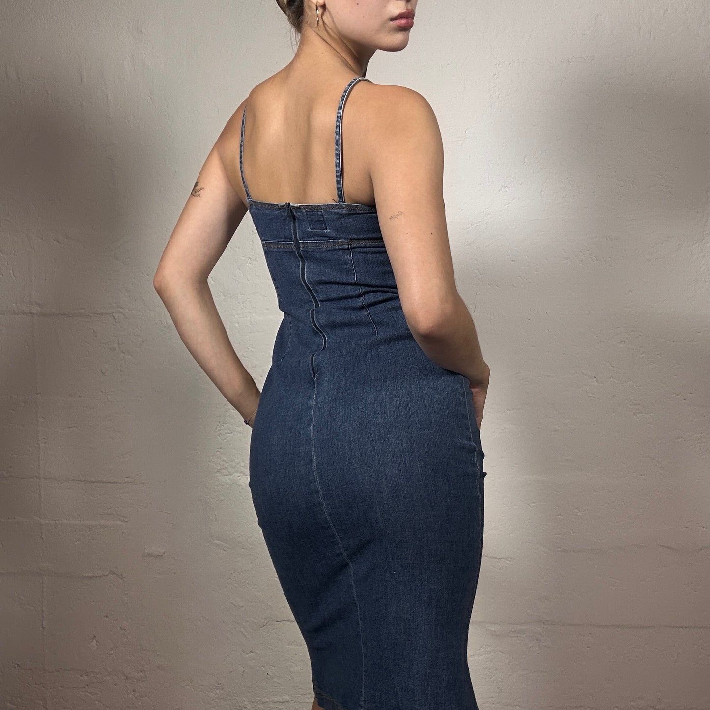 Vintage 2000's Miss Sixty Downtown Girl Blue Denim Slim Fit Cami Midi Dress (XS)