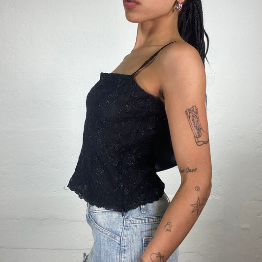 Vintage 2000’s Night Out Black Classy Cami Top with Sequin Decorations (S)