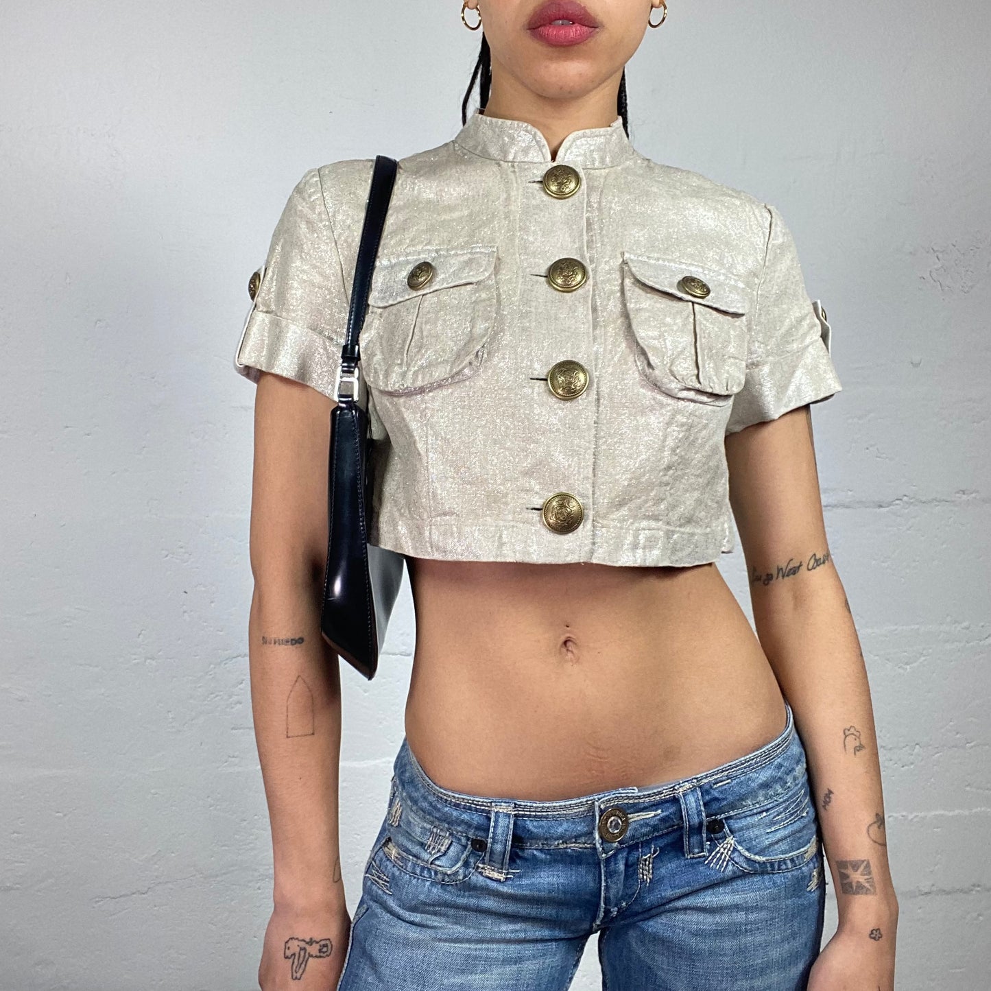 Vintage 2000's Fancy Beige Shimmer Shortsleeved Cropped Golden Button Up Top (XS)