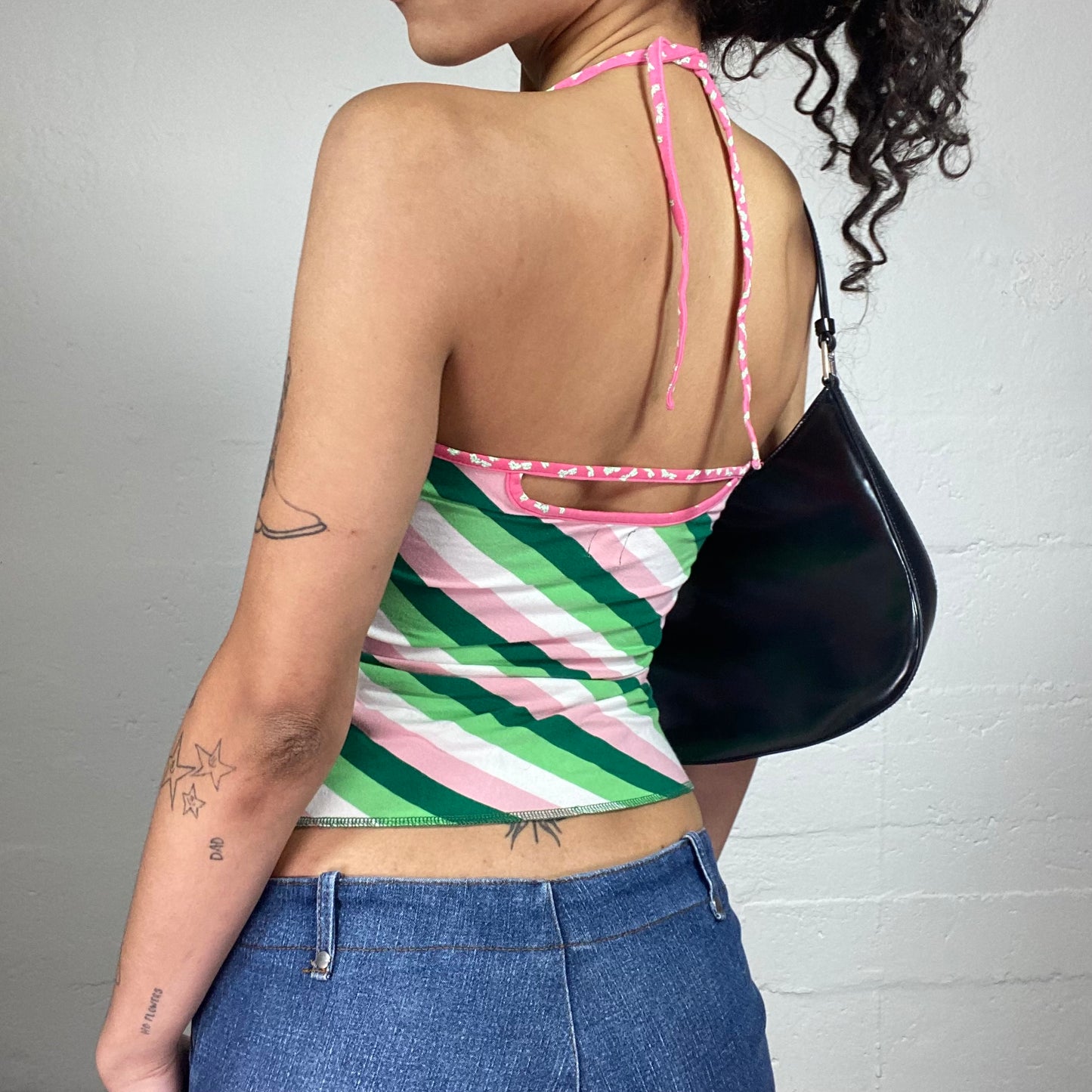 Vintage 2000's Fancy Beachwear Green and Pink Striped Neckholder Top with Shiny Pink 35 Print (M)