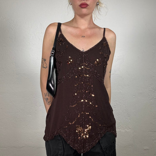 Vintage 2000's Date Night Brown chiffon Cami topo with Beaded Ornament Print and Sequin Details (M/L)