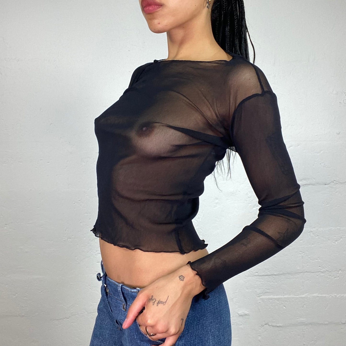 Vintage 2000's Clubwear Black Mesh See Through Longsleeve Top (S)